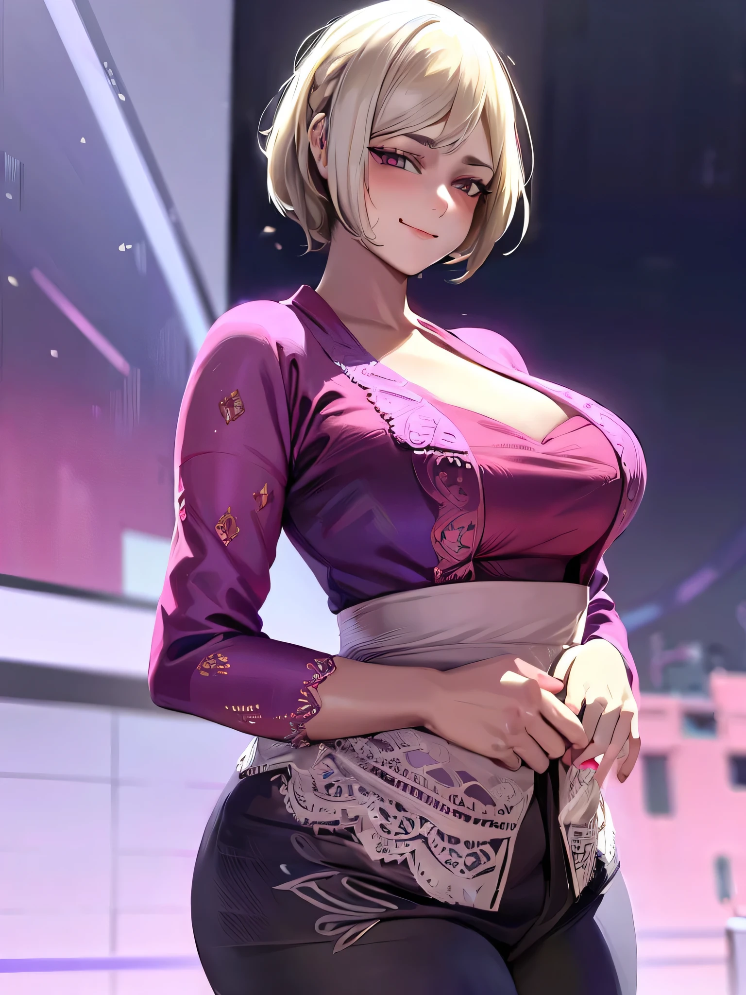 masterpiece, best quality, ultra-detailed, illustrator,1girl, short White hair, wearing a kebaya, Red top and black bottom, purple shawl, blush, big breasts, Big thigh, Look to the Lower, simple background, solo, very sexy, shy expression, cute, white background, Smiling cute, Both hands hold his thighs