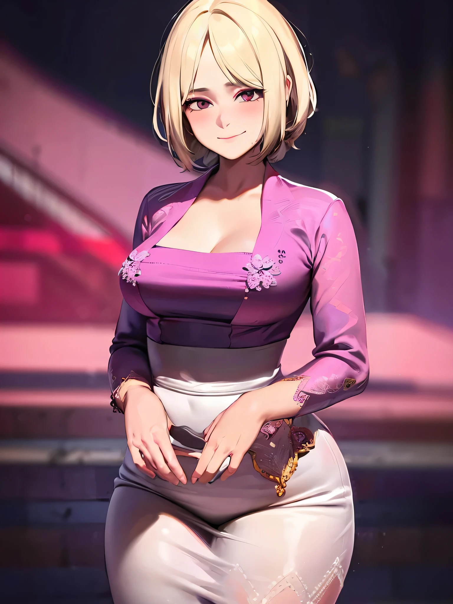 masterpiece, best quality, ultra-detailed, illustrator,1girl, short White hair, wearing a kebaya, Red top and black bottom, purple shawl, blush, big breasts, Big thigh, Look to the Lower, simple background, solo, very sexy, shy expression, cute, white background, Smiling cute, Both hands hold his thighs