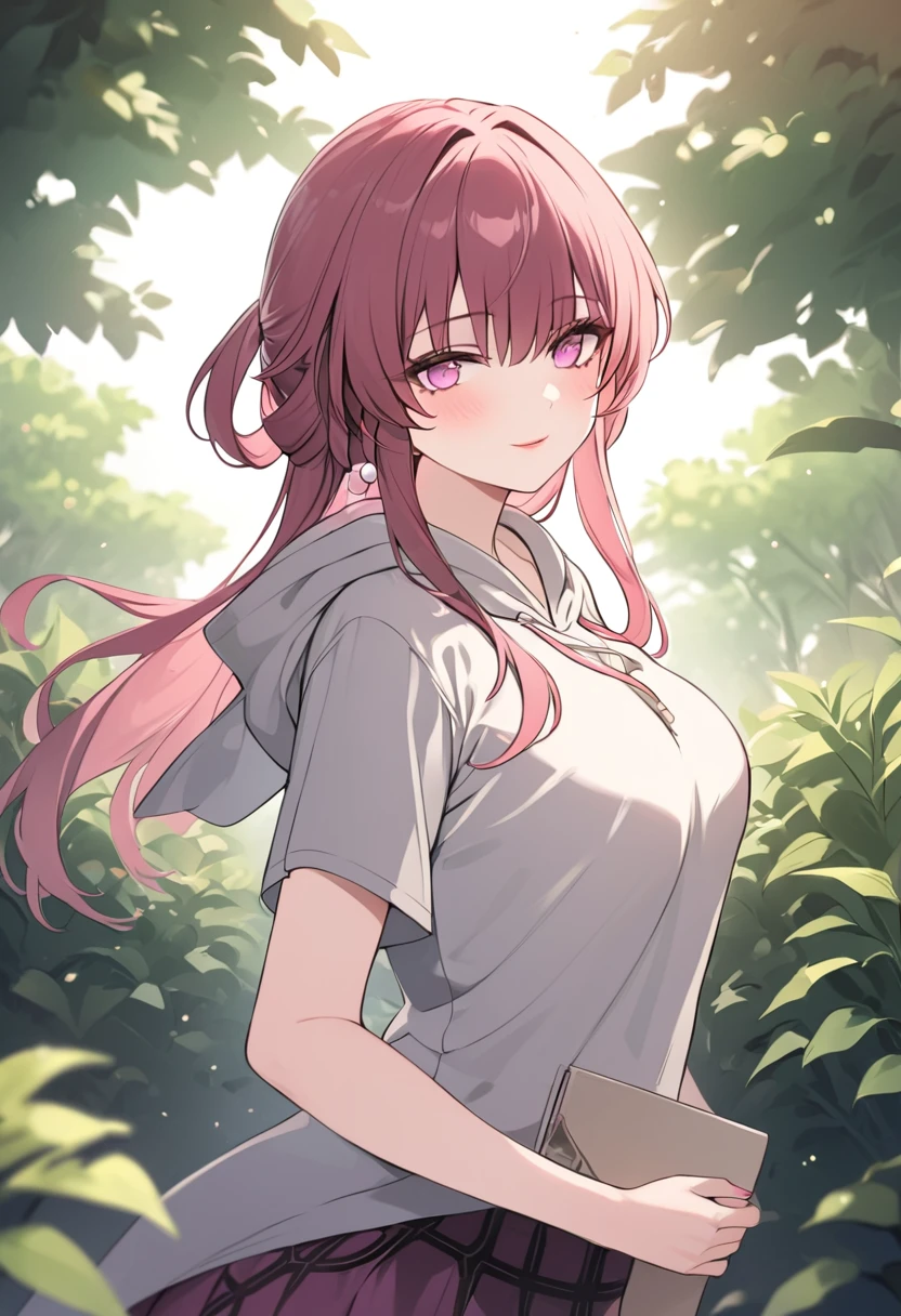 girl wearing a short-sleeved grey hoodie, pleated skirt, long hair, detailed facial features, beautiful eyes and lips, standing in a lush green garden, sunlight streaming through the trees, 8k, highly detailed, masterpiece, kafka_\(honkai:_star_rail\)
