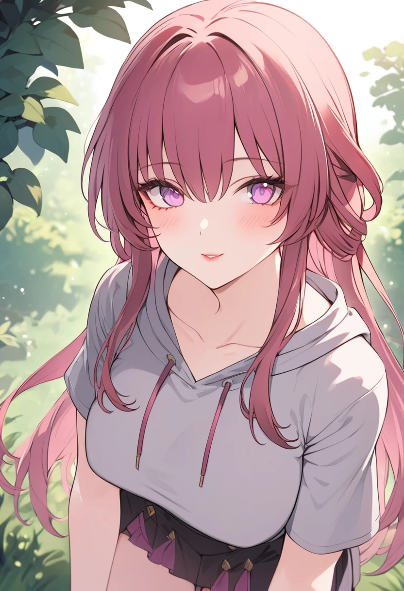 girl wearing a short-sleeved grey hoodie, pleated skirt, long hair, detailed facial features, beautiful eyes and lips, standing in a lush green garden, sunlight streaming through the trees, 8k, highly detailed, masterpiece, kafka_\(honkai:_star_rail\)
