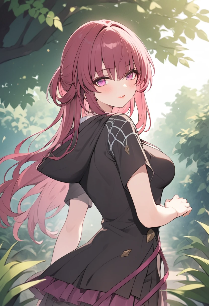 girl wearing a short-sleeved grey hoodie, pleated skirt, long hair, detailed facial features, beautiful eyes and lips, standing in a lush green garden, sunlight streaming through the trees, 8k, highly detailed, masterpiece, kafka_\(honkai:_star_rail\)
