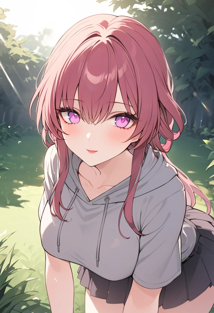 girl wearing a short-sleeved grey hoodie, pleated skirt, long hair, detailed facial features, beautiful eyes and lips, standing in a lush green garden, sunlight streaming through the trees, 8k, highly detailed, masterpiece, kafka_\(honkai:_star_rail\)
