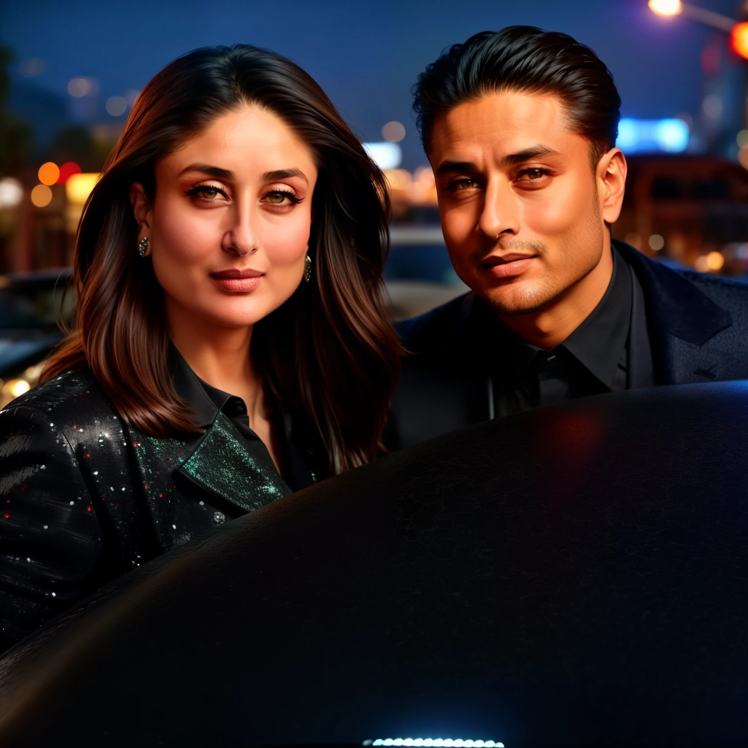 Kareena Kapoor is near a car with her boyfriend
They're lot smile 
For hollywood movie poster 

A close up of a Lamborghini car parked on a city street, cinematic poster, black color lamborghini car,  cinematic matte illustration, matte digital illustration, matte painting film poster