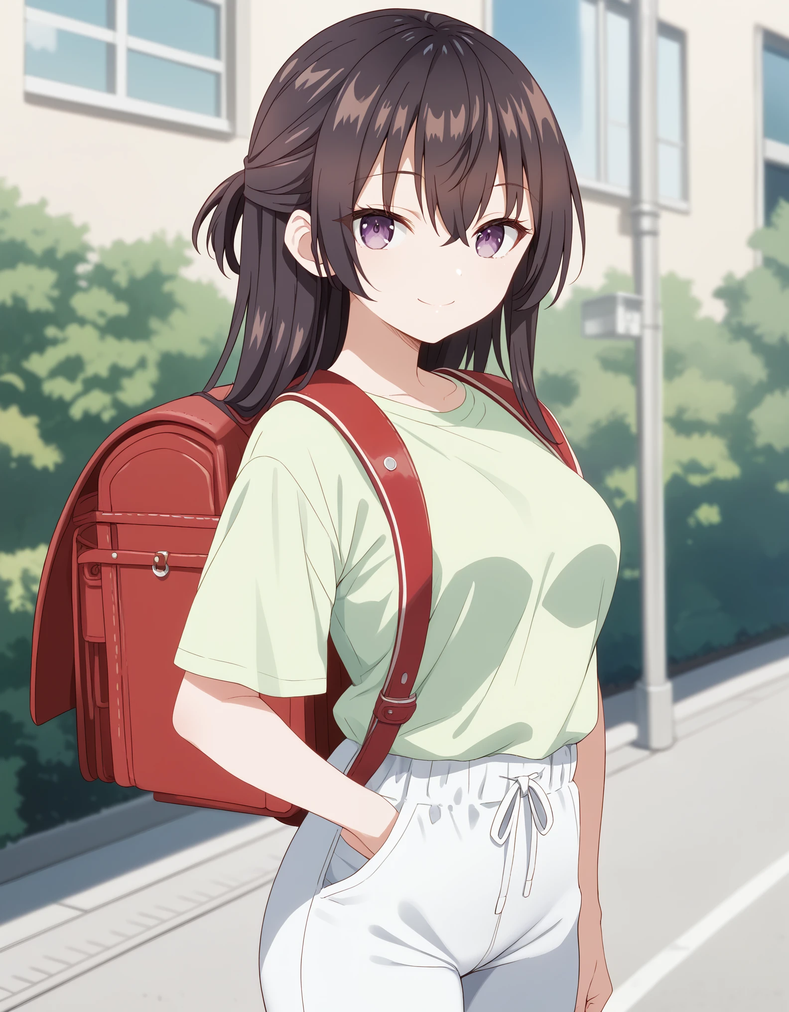 Masterpiece, hd, best quality, 1girl, yukisuou, long hair, bangs, brown hair, black hair, hair between eyes, purple eyes, half updo , medium breasts, wearing green t-shirt, wearing white pants, standing, outdoor, looking at viewer, undefined, alone, cowboy shot, wearing randoseru backpack, red backpack, smile