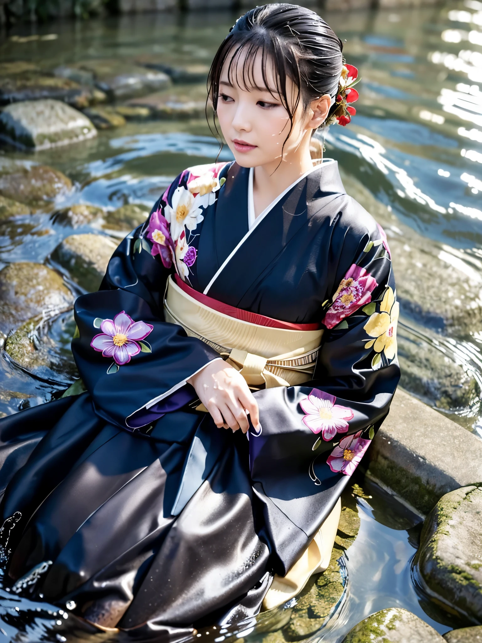 Realistic, long-sleeved kimono, hakama, long hakama, floral kimono, wet clothes, soaking wet clothes, wet and shiny clothes, clothes with a wet texture, clothes that stick to the body, immersed in a river, sinking in water, sleeping in a river, a woman lying in a river, a woman sinking in a river,