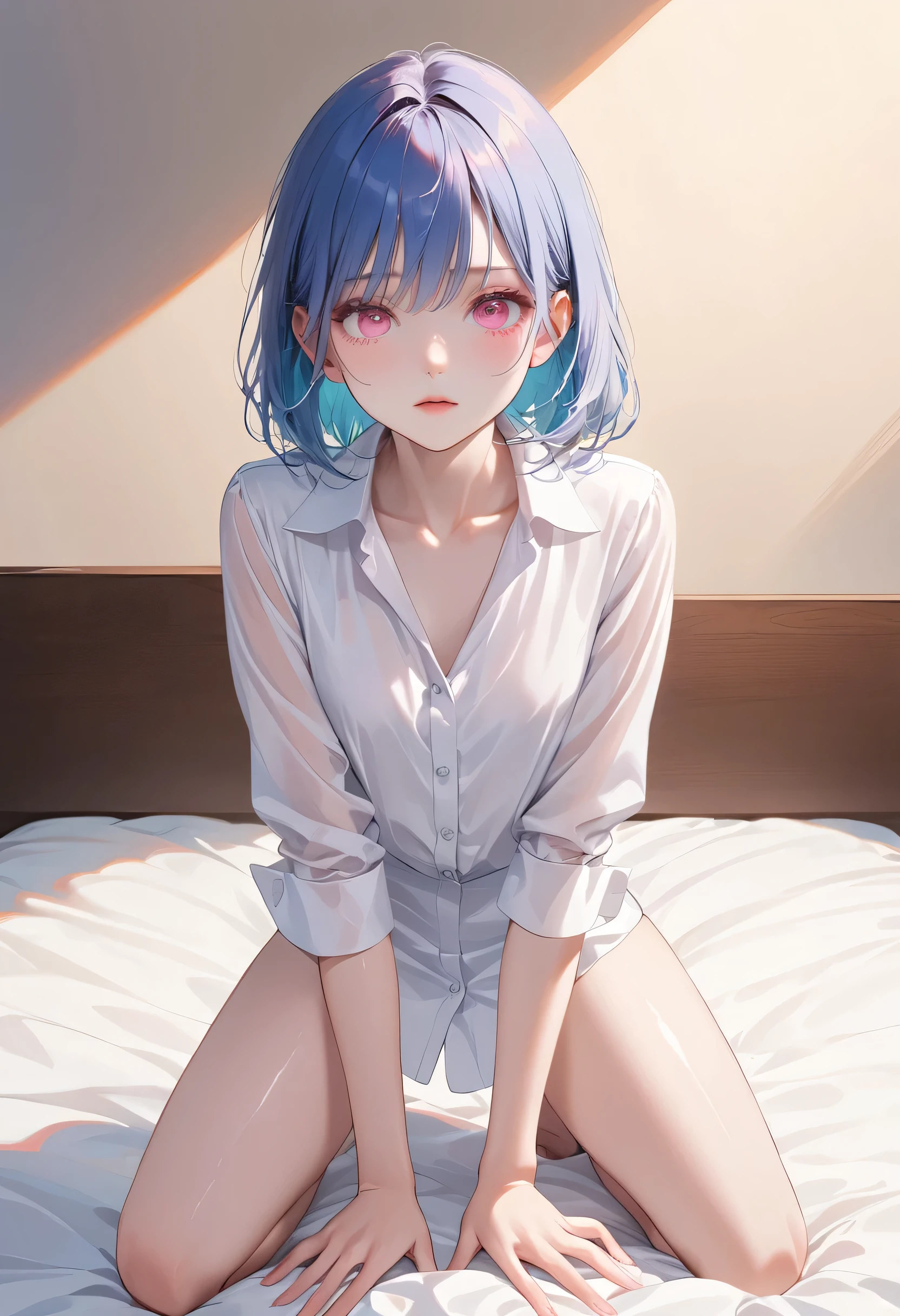 (1 girl),(Solo),pink eyes,Fine blue hair,( Smooth skin:1.2),Slender body proportions,((kneeling)),Hairstyle,Pink eyes with highlights,(delicate eyes),((on bed)),((clothed)),((white shirt)),((clear face))