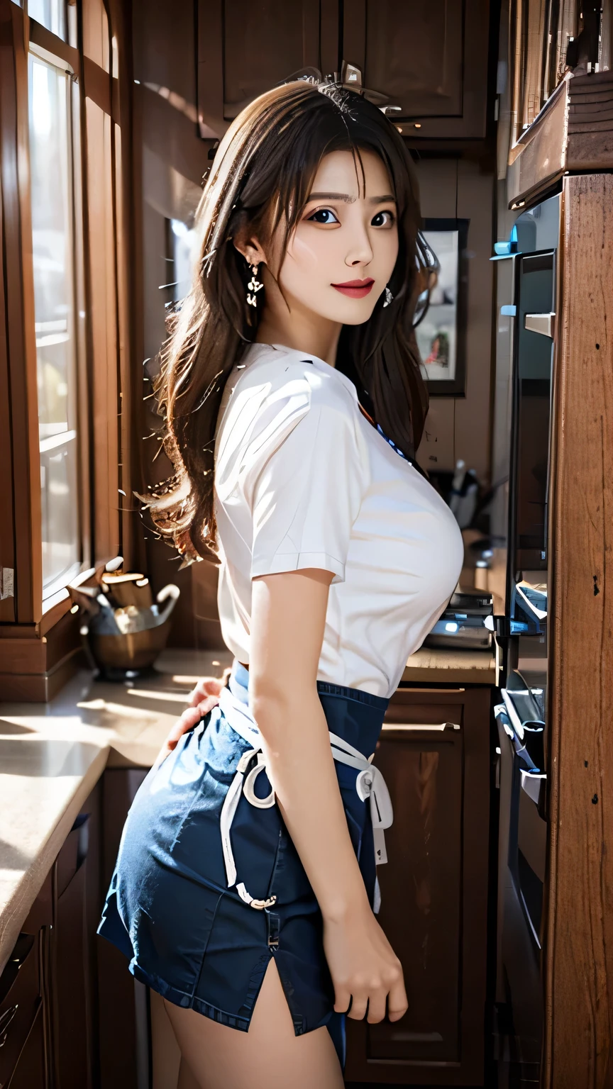 (Best quality, 8k, masterpiece: 1.3), a beautiful woman with perfect figure: 1.4, dark brown hair, wearing a pendant, wearing an apron, in the kitchen, highly detailed face and skin, detailed eyes, double eyelids, big breasts, smile