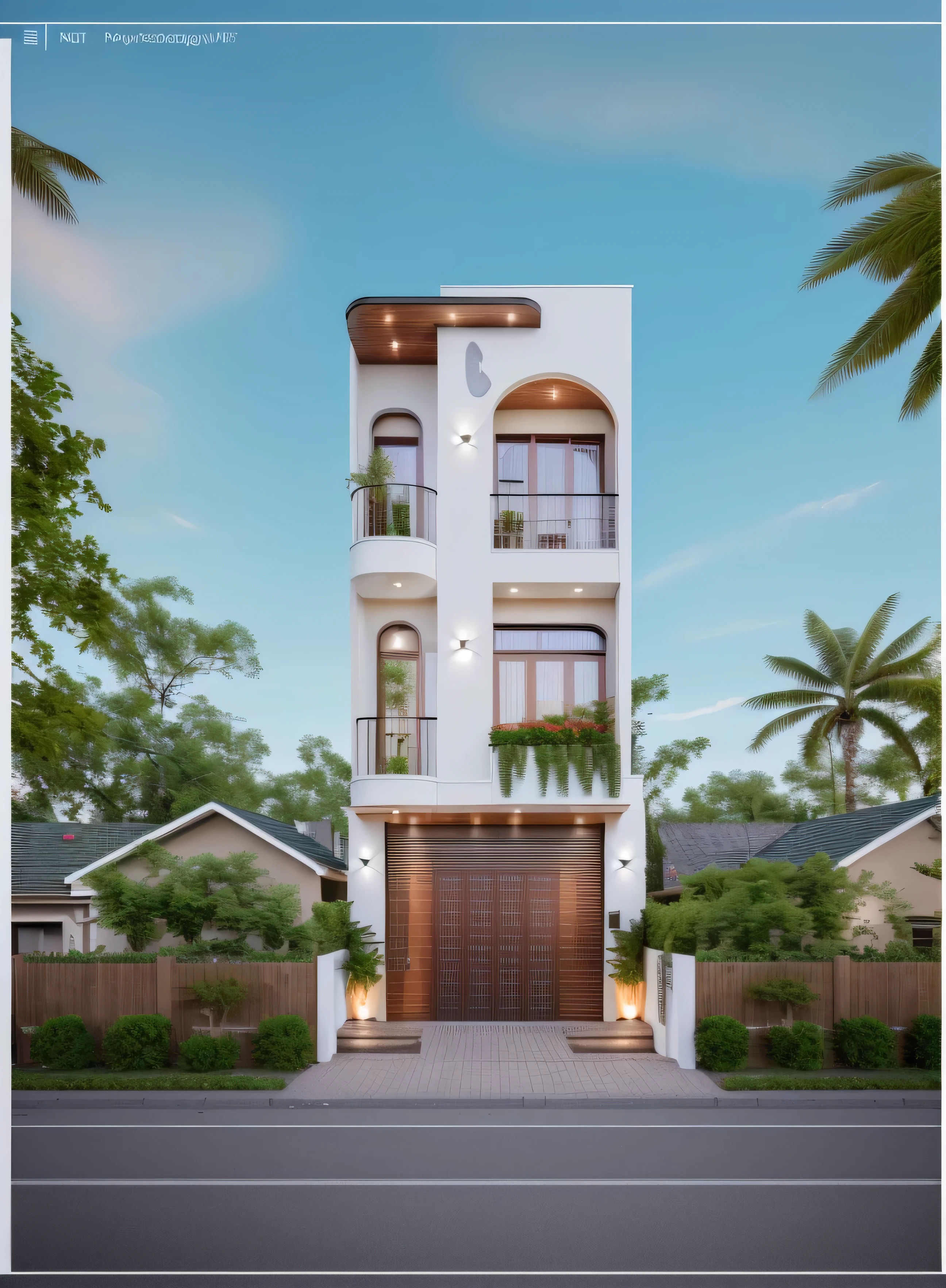 (Townhouse in city ,close houses and trees), daylight ( best quality) ((high solution)) ,(( photo realistic)) ,warm light, (sharp focont view of townhouse in style of modern,small house, Narrow area,VietNam,facade, curved arch,beautiful facade,curved windown,narrow and long ,two-storey,mutual colours, soft lighting, warm atmosphere,high Resolution, hyper detailed,4k ,vray render, octane render, hyper realistic, photography expert ,exterior design , professional photography, exterior photography,wide-angle shot , ultra detail , high Resolution , full frame, full body