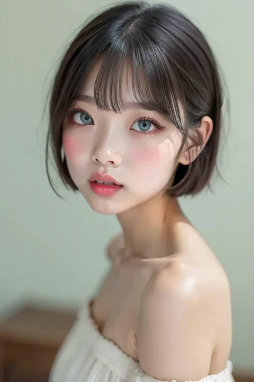 Inside the room、Realistic portrait photography of a woman with short hair and perfect face,Accurately depict the top of the head、Big Mouth,Moisturized lips、Thick, plump and shiny lips with a clear lip balm、Off the shoulder、Wearing a top that shows your underwear