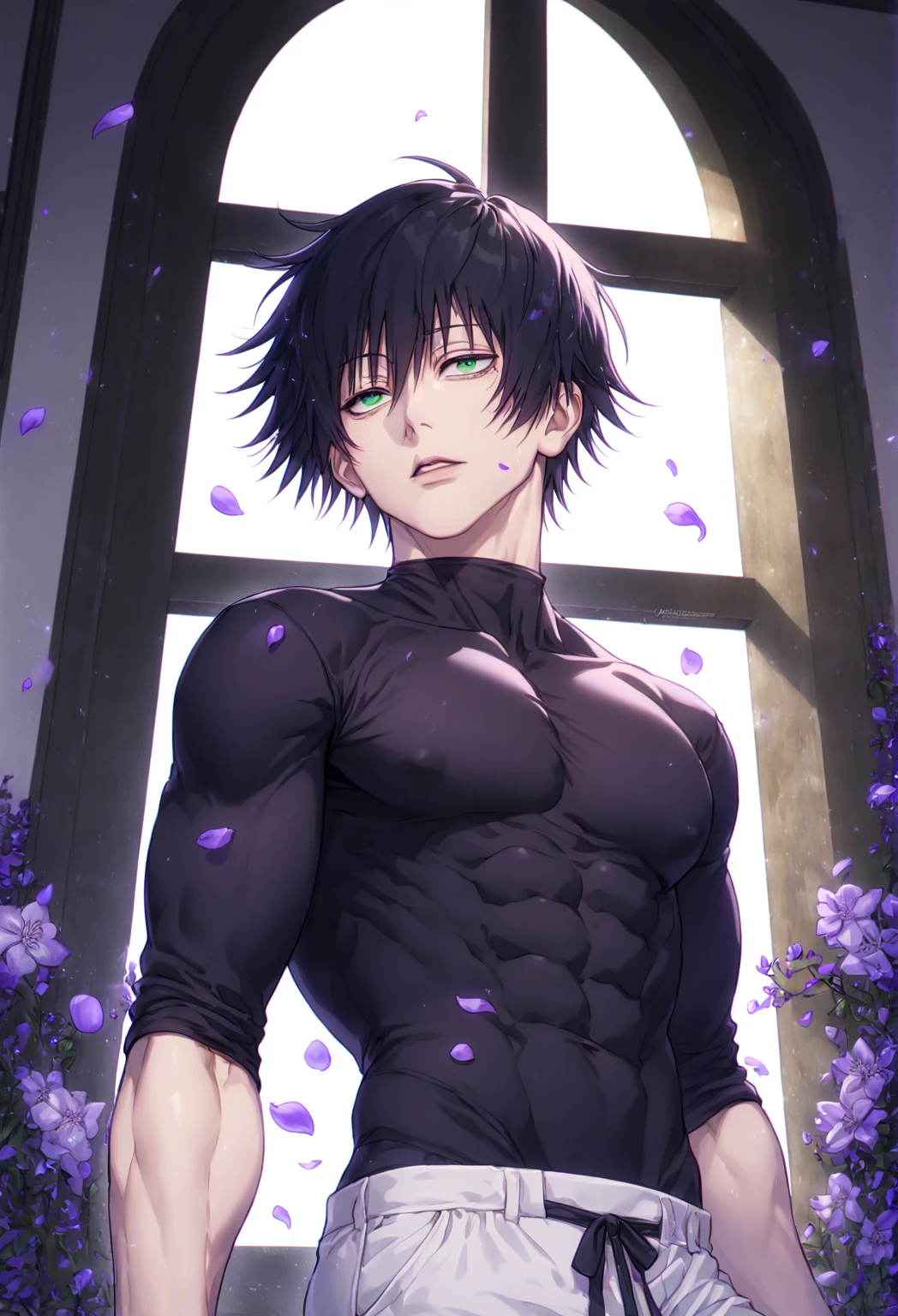 absurdres, highres, ultra detailed, HDR, master piece, best quality, extremely detailed, Dabi, black hair, expressive turquoise eyes, Boku No Hero Academia, solo, sexy man, handsome, smile, sensual, toned chest, bare chest, fantasy, room, sparkling, silver glittering fireflies, silver blossoms, silver chrysanthemums, silver sparkling lights, starry sky, magical