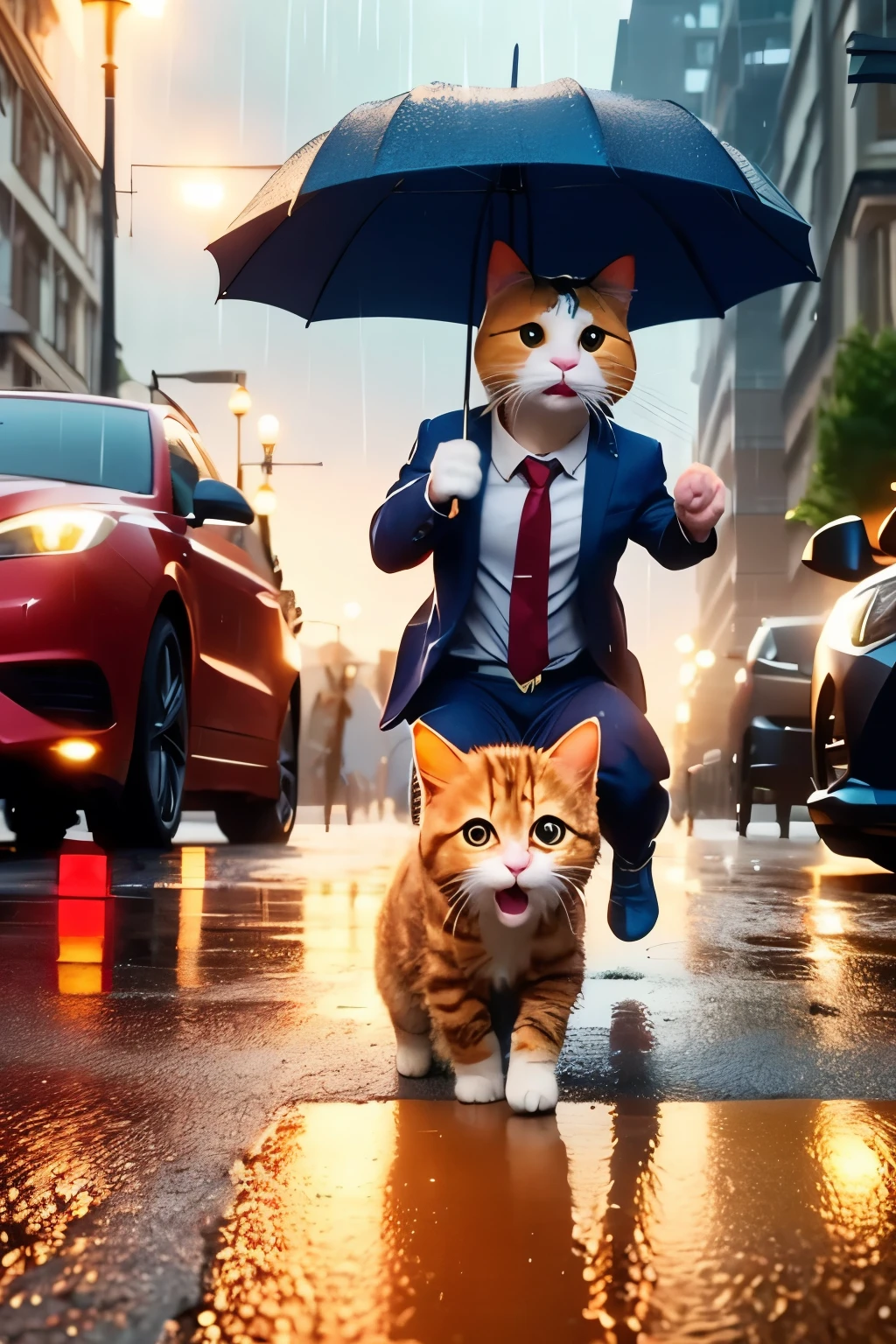 Scene 3: The Fateful Rainy Morning
"A rainy morning on the bustling streets of Purrington. Mr. Whiskers, a slightly graying fluffy cat with glasses and a tie, is crossing the street holding a small umbrella. The rain pours heavily, and the road is slick. A speeding car is approaching fast from the background, creating tension in the scene. Mr. Whiskers looks surprised and alarmed as he tries to jump out of the way. The environment features wet sidewalks, streetlights glowing in the rain, and other cats going about their day under umbrellas. The style is cartoonish and soft, with vibrant colors, but the mood is tense and dramatic, contrasting with the cute characters."