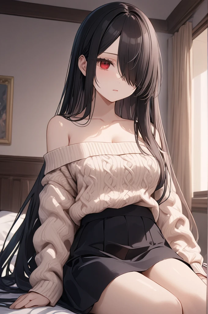 Cowboy Shot, 1girl, Solo, Looking at viewer, Shy, Cute, Red Eyes, Empty Eyes, Expressionless Eyes, Black Hair, Very Long Hair, Straight Hair, ((Hair Over One Eye, Swept Bangs:1.5)), Petite, Large breasts, Pale Skinned, Slender, Curvy, (Red off-shoulder sweater, Black Skirt), Sitting, Bed, Room, Cinematic Lighting, Masterpiece, 4K, Best Quality, High Resolution, Accurate, Award Winning, (SuperQuality:1.0) ~ (SuperQuality:1.2)