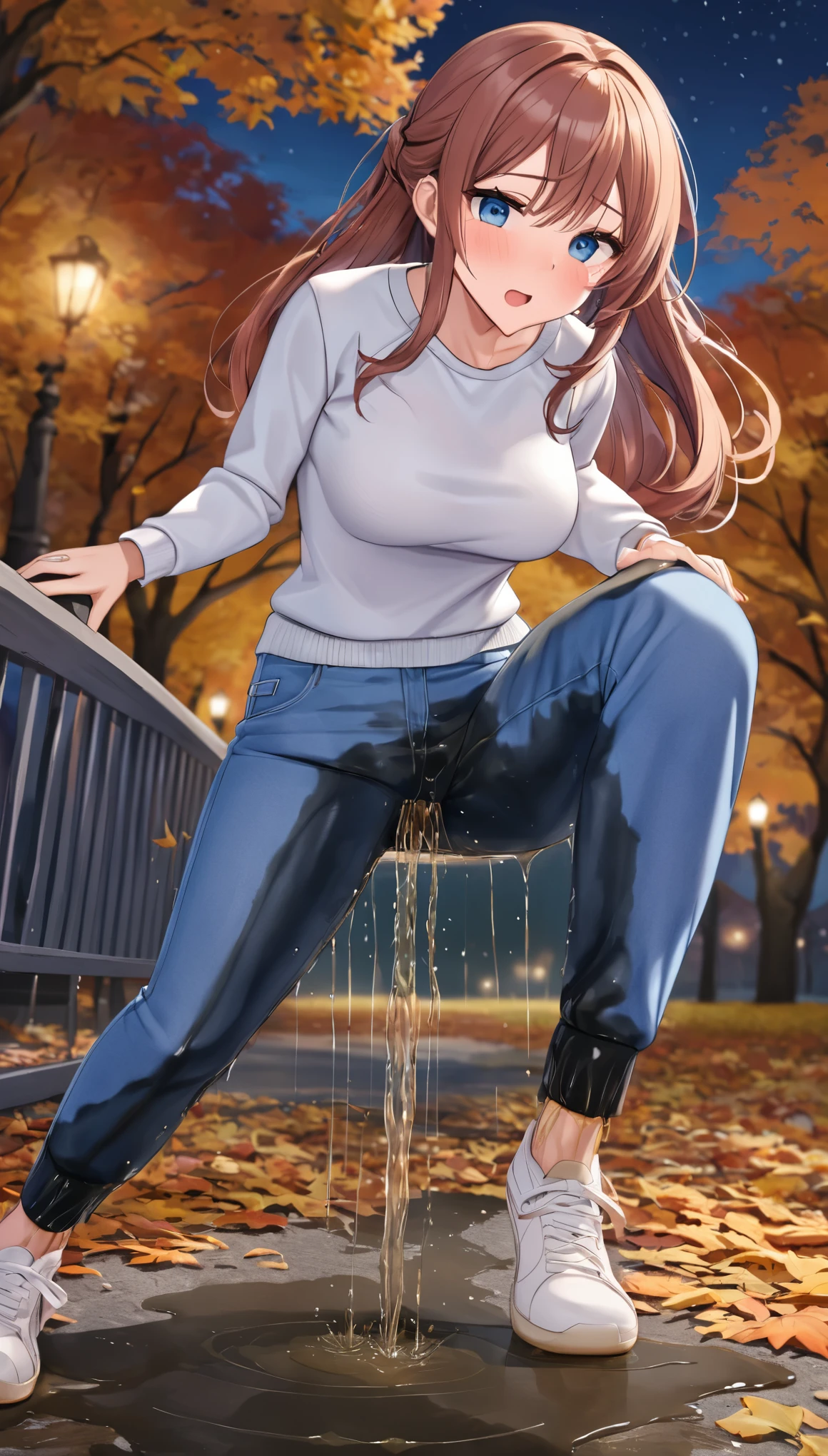 masterpiece, extremery magnificent view, anime style:1.2, perspective, extremery best quality, extremery detailed CG, 8k wallpaper, ultra high resolution, highly detailed face, highly detailed eyes, perfect anatomy, super detailed skin, not safe for work, (peeing self:1.8), pee stain:1.2,
(dynamic angle, standing pose:1.2), outdoors, (have to pee), downtown, (legs focus, full body:1.3), (beautiful face, beautiful eyes, beautiful legs), 
1girl, 20 year old, European, blonde hair, sleek hair, long blonde hair, forehead, blue eyes, reading glasses, blush, scared, panicking, crying, tears, open mouth, large breast, hard nipples, (green sweater:1.2), half body cropping, cropped wide sleeves, (((hands between legs))), skinny, skinny waist and thick hips, (blue skinny jeans pants), tight pants, (((knees together feet apart))), (white sneakers)