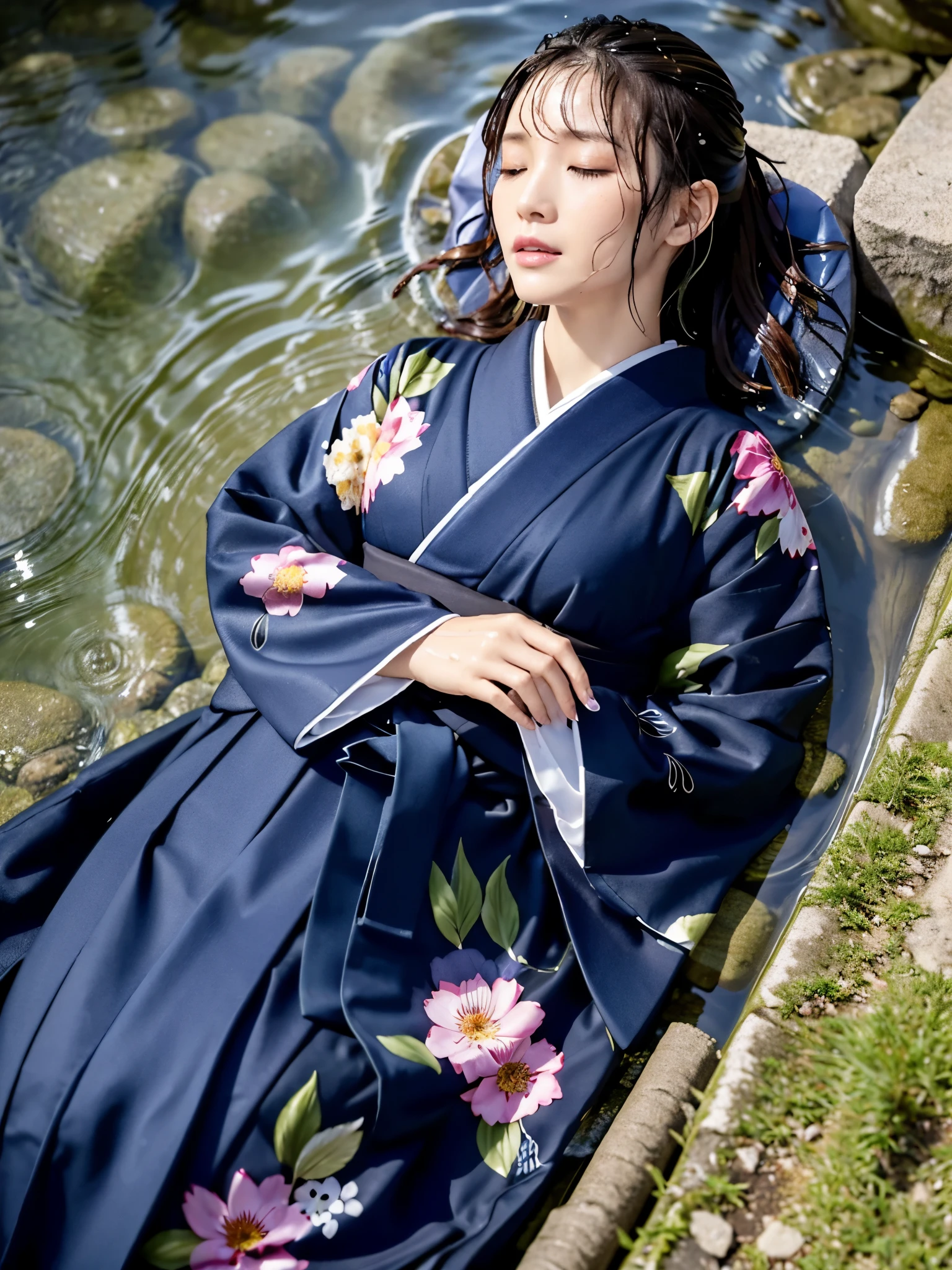 Realistic, long-sleeved kimono, hakama, long hakama, floral kimono, wet clothes, soaking wet clothes, wet and shiny clothes, clothes with a wet texture, clothes that stick to the body, immersed in a river, sinking in water, sleeping in a river, a woman lying in a river, a woman sinking in a river,