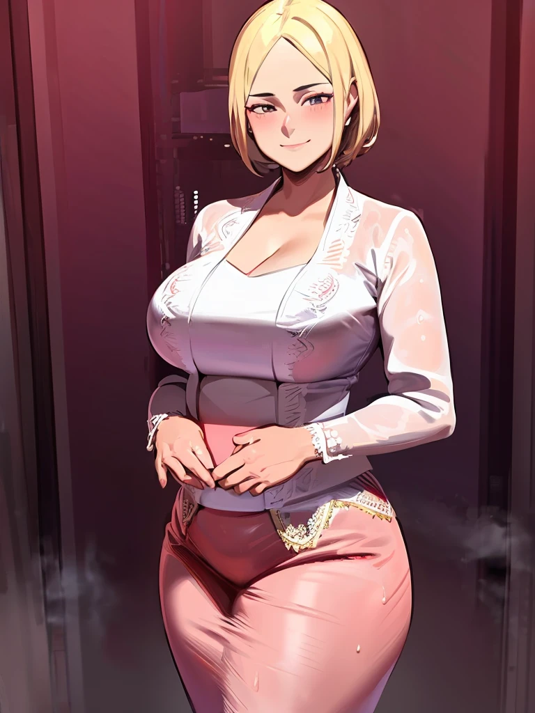 masterpiece, best quality, ultra-detailed, illustrator,1girl, short White hair, wearing a kebaya, Red top and black bottom, purple shawl, blush, big breasts, Big thigh, Look to the Lower, simple background, solo, very sexy, shy expression, cute, white background, Smiling cute, Both hands hold his thighs