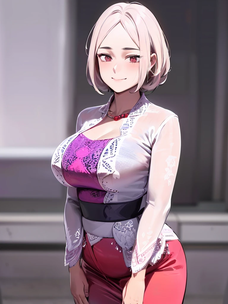 masterpiece, best quality, ultra-detailed, illustrator,1girl, short White hair, wearing a kebaya, Red top and black bottom, purple shawl, blush, big breasts, Big thigh, Look to the Lower, simple background, solo, very sexy, shy expression, cute, white background, Smiling cute, Both hands hold his thighs