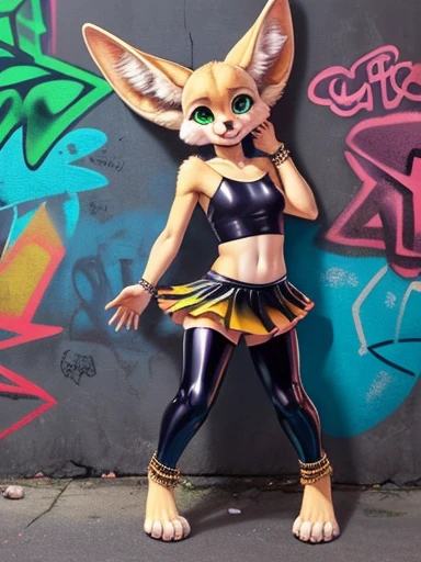 1devushka, (fluffy:1.5), skinny slut \ - antro\ - fenneck\ - punk\ - girl standing in front of graffiti \ - wall, cute and perfect face, childlike proportions, big head and big eyes, thin body, small limbs, ((tiny prepubescent child)\ ), (skimpy pvc \ - tube top, fish stockings, micro \ - skirt ), full-length shot, long thin legs, Shiny skin Looking at the viewer, bangs covering the eyes, ((tightening the neckline to expose small breasts)\ ), (fennec ears, fennec tail, fennec face), alley background with concrete wall covered with graffiti, ended, green eyes, bedroom eyes, eye shadow, weak light, cute feet digitrade, anklet