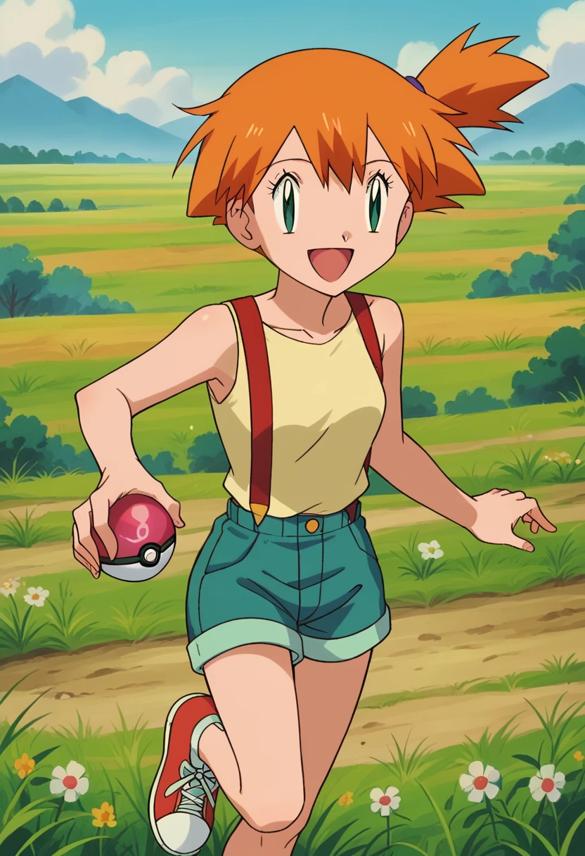 Misty_pokemon , Berry Short,Orange Hair, one side up hair ,Big green eyes,Small breasts,Skinny , akane's . natural landscape background, wild field, warm colors, big smile, sweet girl, adorable image , dynamic image , strong wind , running , PokeBall , colorful , different angles 