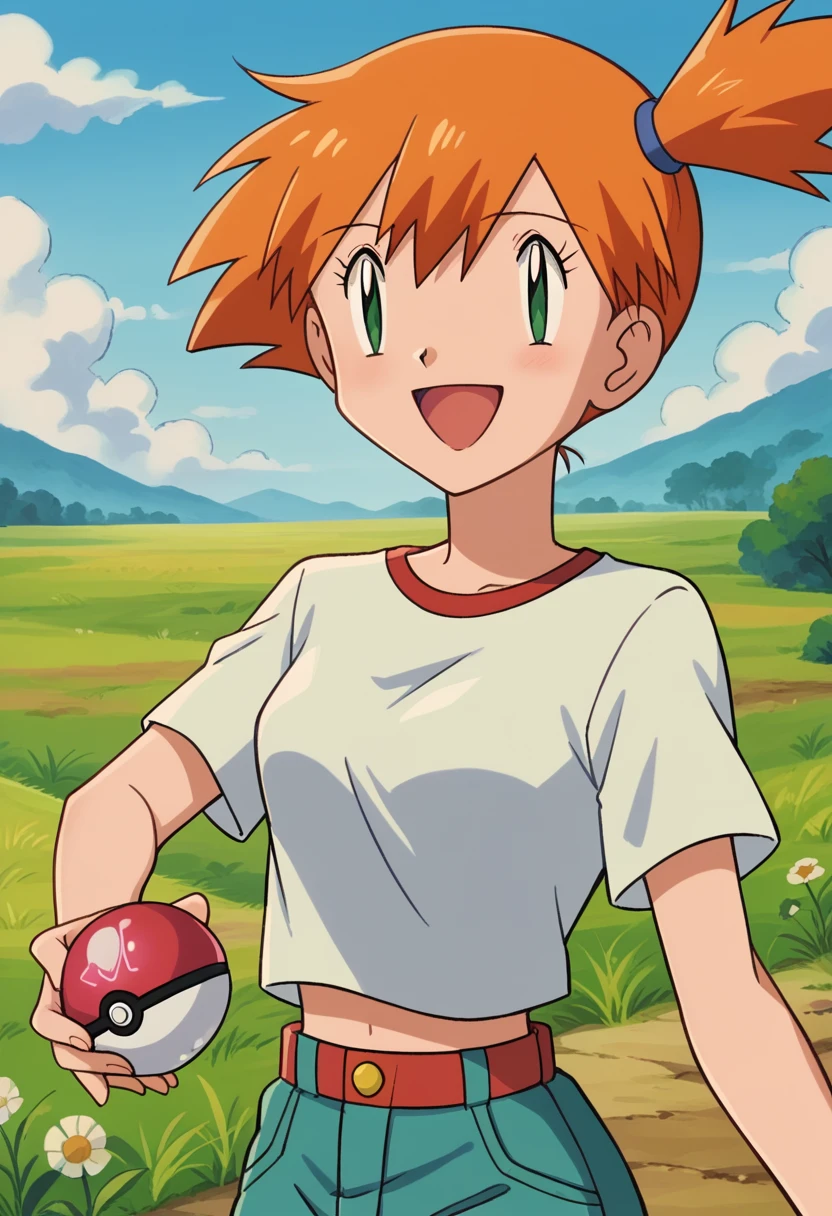 Misty_pokemon , Berry Short,Orange Hair, one side up hair ,Big green eyes,Small breasts,Skinny , akane's . natural landscape background, wild field, warm colors, big smile, sweet girl, adorable image , dynamic image , strong wind , running , PokeBall , colorful , different angles 