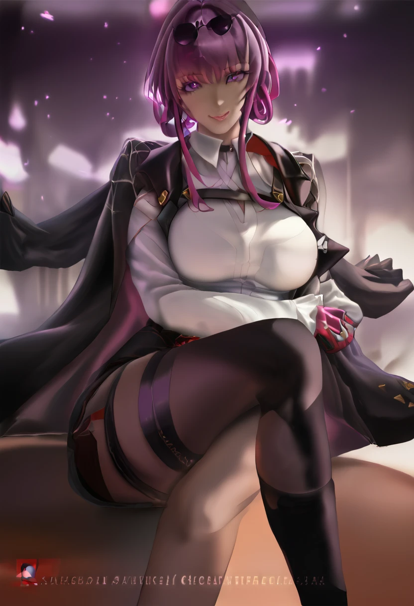 masterpiece, high quality, DETAILED, cinematic lighting, darkness, Official digital art, 1 woman, kafka, Gloves, socks, purple hair, big breasts, white shirt, short negro, black shoes, fringe, long sleeves, purple eyes, jacket, sitting on a bed, crossed legs, curvilinear, flirtatious look, Looking at the viewer, flirtatious smile, hotel room at night, side light, perfect bodies.