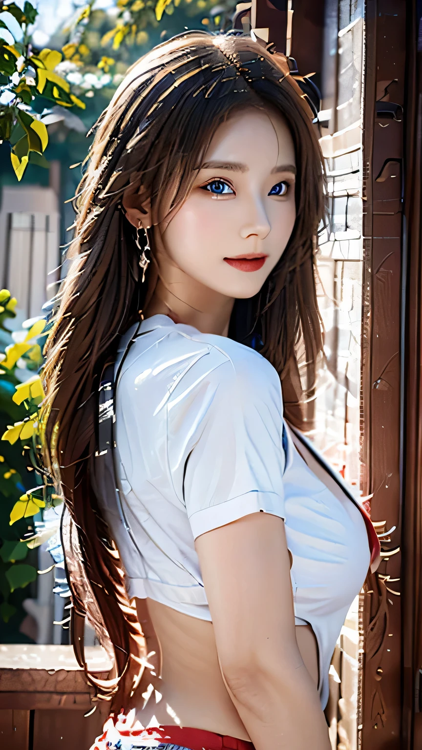 One 18-year-old Japanese woman、solo、masterpiece、High resolution、ultra High resolution、delicate、sunlight、whole body、(topless:2)、(Nipples:2)、(Super long, shiny, super straight marshmallow brown hair that reaches down to her waist:1.8)、(Long straight hair hanging down in the front:1.8)、(Long straight hair with layers cut in:1.8)、(Eyes that are too big and very beautiful:1.4)、(Blue eyes with colored contact lenses:0.8)、Dark lips、smile、Slim and perfect figure、Japan Beauty、Beautiful breasts、OL,suit、cherry blossoms、cherry blossoms並木、Underarm