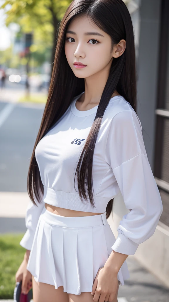 a woman with long straight hair, perfect body wearing a short white skirt and elegant and stylish sweatshirts, sitting on a bed looking