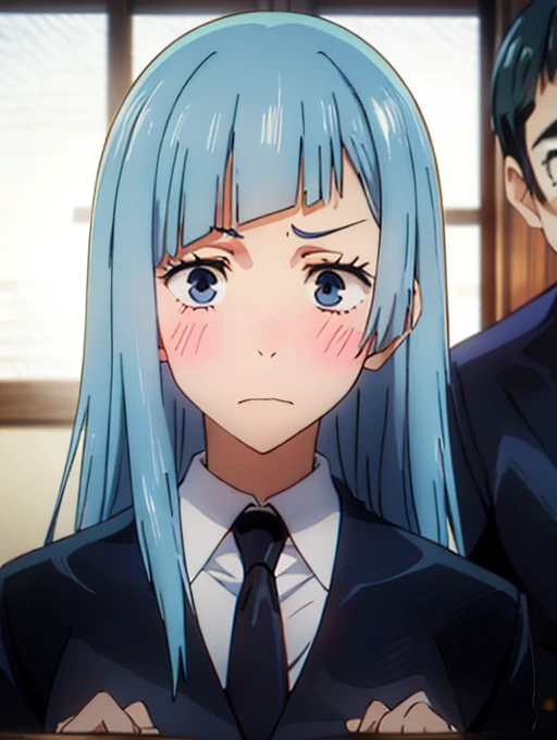 ((Miwa Kasumi 1.3)),Long legs,One Girl, Alone, Blue Hair, tie, Long Hair,black tie, blue eyes, shirt, Upper Body, bangs, jacket, white shirt, formal, collared shirt, Mouth closed, suit, blunt bangs, School uniform,((Panic face:1.3)),Open your mouth,(Blushed:1.3),Adult women,((extremely detail)),((8k),surprise,Embarrassed,cute,Cute expression