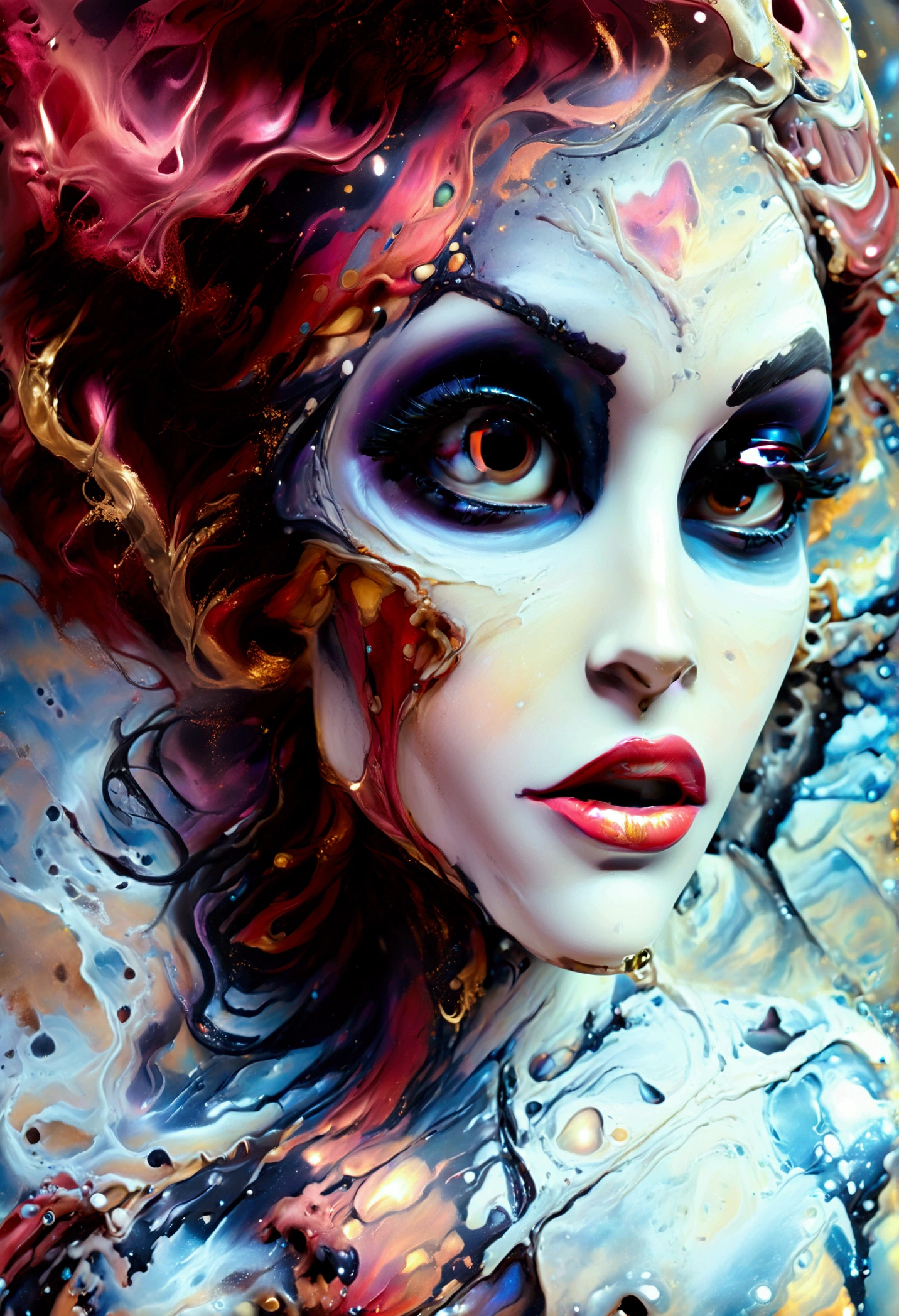 Hyperrealistic art imaginative dark gothic fantasy concept art,bleak,vibrant immersive woman's face split in half,left side is pale skin brightly lit,right side is dark cybernetic, Hyperrealistic art cinematic film still photography in the style of detailed hyperrealism photoshoot . Extremely high-resolution details, photographic, realism pushed to extreme, fine texture, incredibly lifelike