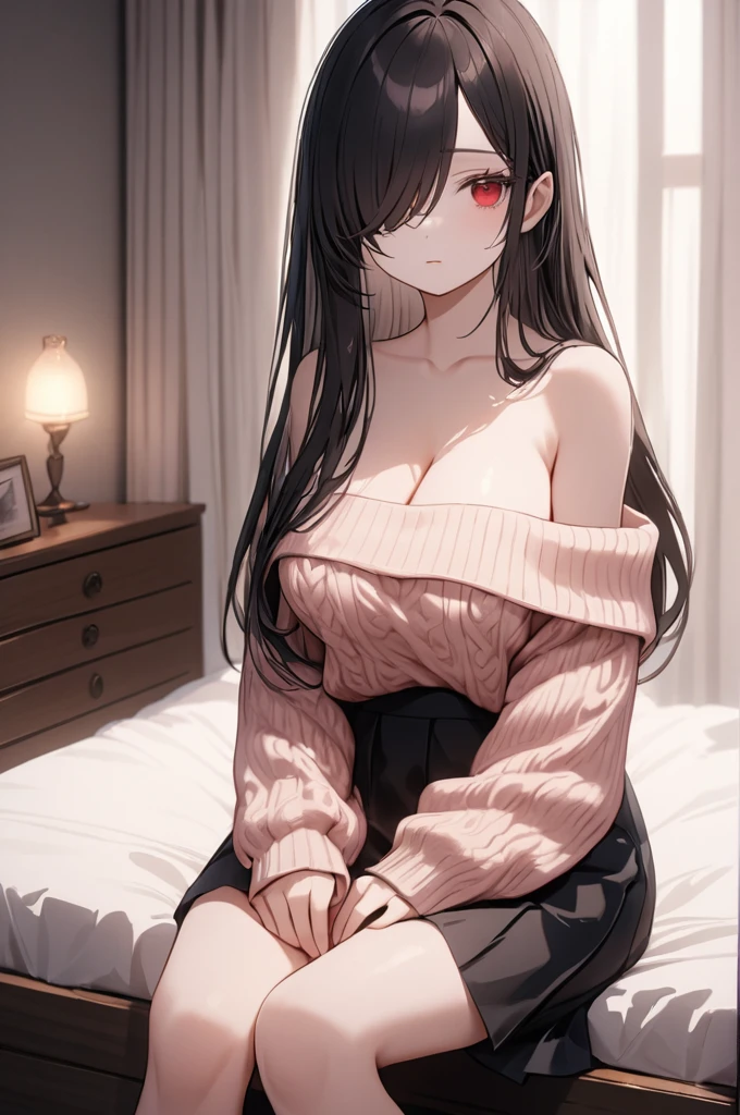 Cowboy Shot, 1girl, Solo, Looking at viewer, Shy, Cute, Red Eyes, Empty Eyes, Expressionless Eyes, Black Hair, Very Long Hair, Straight Hair, ((Hair Over One Eye, Swept Bangs:1.5)), Petite, Large breasts, Pale Skinned, Slender, Curvy, (Red off-shoulder sweater:1.5, Black Skirt), Sitting, Bed, Room, Cinematic Lighting, Masterpiece, 4K, Best Quality, High Resolution, Accurate, Award Winning, (SuperQuality:1.0) ~ (SuperQuality:1.2)