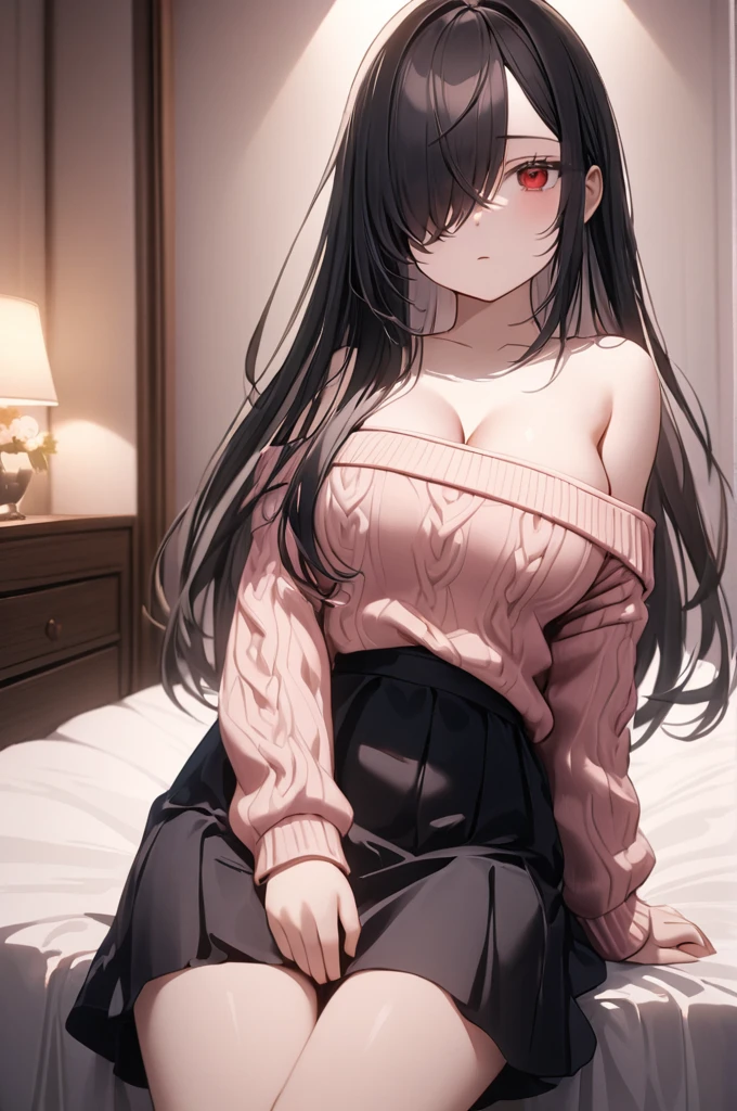 Cowboy Shot, 1girl, Solo, Looking at viewer, Shy, Cute, Red Eyes, Empty Eyes, Expressionless Eyes, Black Hair, Very Long Hair, Straight Hair, ((Hair Over One Eye, Swept Bangs:1.5)), Petite, Large breasts, Pale Skinned, Slender, Curvy, (Red off-shoulder sweater:1.5, Black Skirt), Sitting, Bed, Room, Cinematic Lighting, Masterpiece, 4K, Best Quality, High Resolution, Accurate, Award Winning, (SuperQuality:1.0) ~ (SuperQuality:1.2)