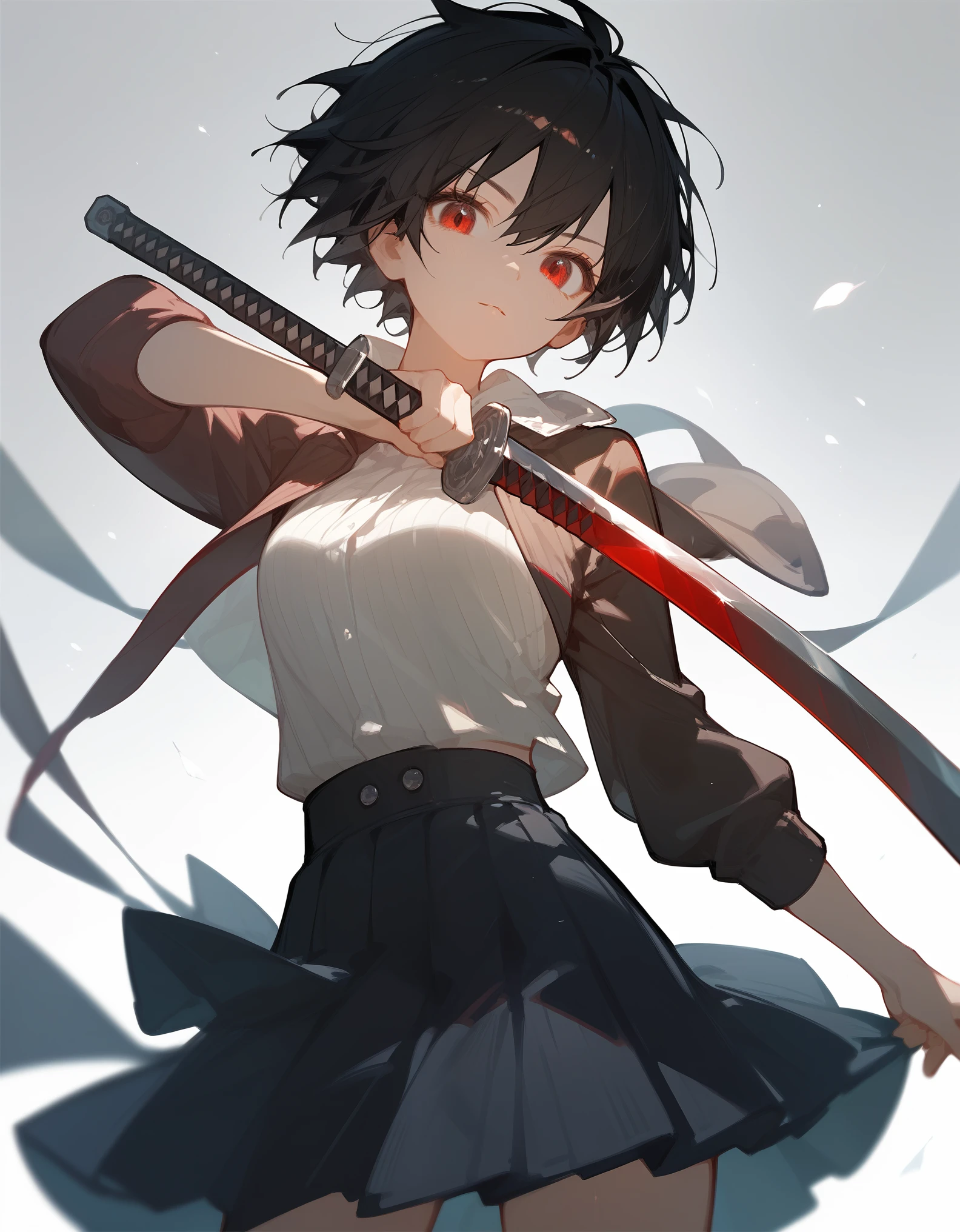 1girl .long hair,looking at viewer,skirt,black hair,red eyes,holding sword,short hair , tomboy