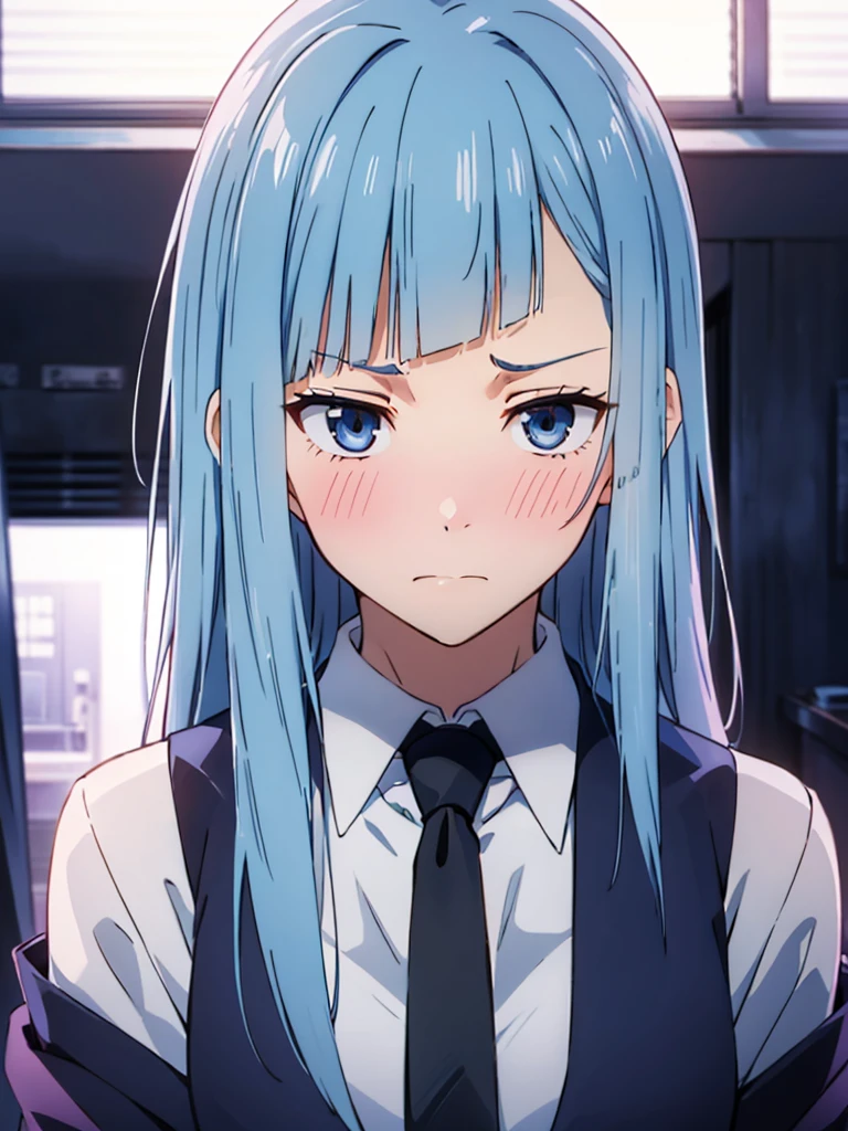 ((Miwa Kasumi 1.3)),Long legs,One Girl, Alone, Blue Hair, tie, Long Hair,black tie, blue eyes, shirt, Upper Body, bangs, jacket, white shirt, formal, collared shirt, Mouth closed, suit, blunt bangs, School uniform,((Panic face:1.3)),Open your mouth,(Blushed:1.3),Adult women,((extremely detail)),((8k),surprise,Embarrassed,cute,Cute expression,((beautiful detail eyes:1.3)),