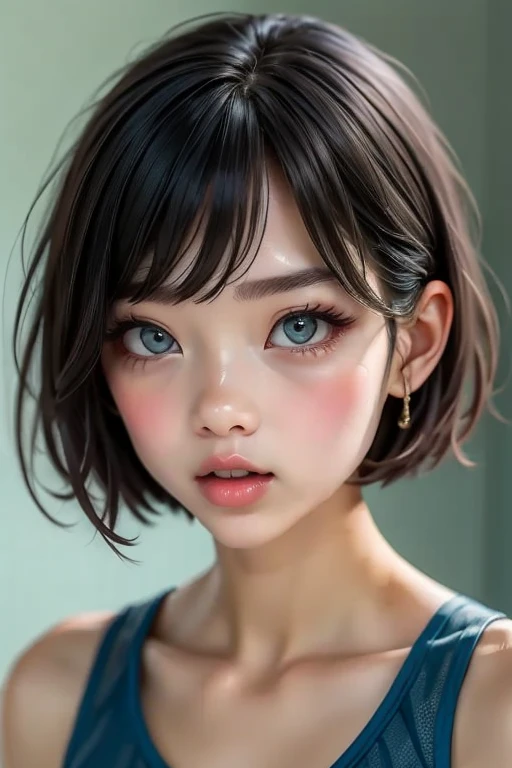 Inside the room、Realistic portrait photography of a woman with short hair and perfect face,Accurately depict the top of the head、Big Mouth,Moisturized lips、Thick, plump and shiny lips with a clear lip balm、Wearing a sports bra