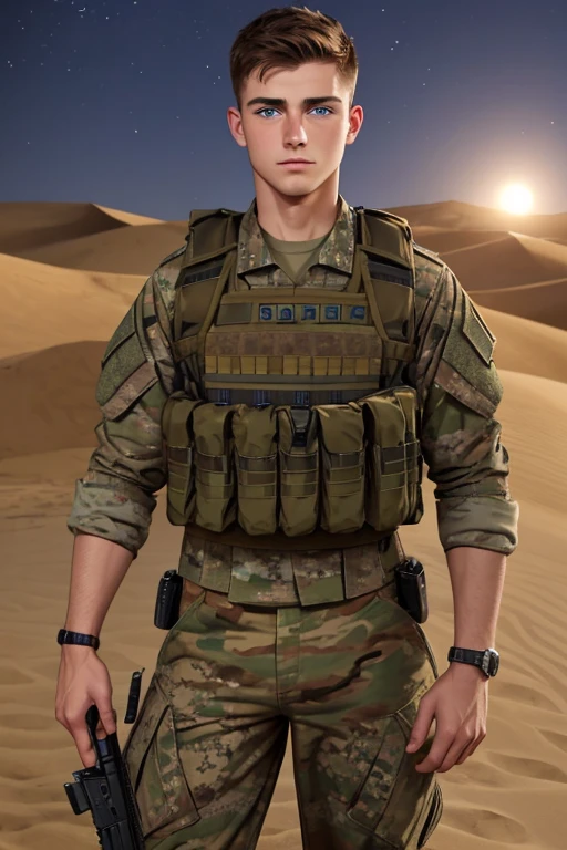 Photo realistic. A handsome, twenty-four-year-old, fit Caucasian male soldier, with fade-cut, brown hair, and blue eyes, shirtless, wearing camouflage cargo pants, in an army camp, in a middle eastern desert, at night.