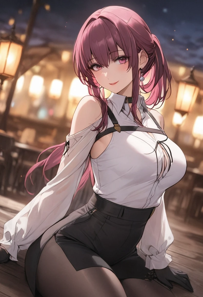 (best quality, masterpiece), 1women ,4k, 8k, uhd, hdr, detailed background, dark pink hair, high pony tail , wearing a white button-up shirt with a black tie, black suspenders over the shirt, black gloves, black pants, , full body, kafka_\(honkai:_star_rail\)
