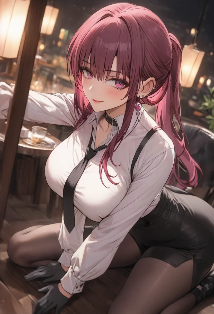 (best quality, masterpiece), 1women ,4k, 8k, uhd, hdr, detailed background, dark pink hair, high pony tail , wearing a white button-up shirt with a black tie, black suspenders over the shirt, black gloves, black pants, , full body, kafka_\(honkai:_star_rail\)
