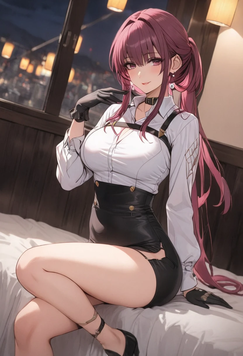 (best quality, masterpiece), 1women ,4k, 8k, uhd, hdr, detailed background, dark pink hair, high pony tail , wearing a white button-up shirt with a black tie, black suspenders over the shirt, black gloves, black pants, , full body, kafka_\(honkai:_star_rail\)
