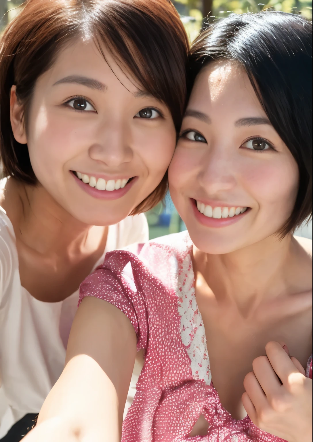 Instagram selfie , Two beautiful Japanese women , 笑face , Detailed skin、face、eye , Natural Light , At home , short hair, Wearing cute pajamas , Film Grain, Low contrast, 自然なface , Black Hair , Clevis、Multiple moles、White skin