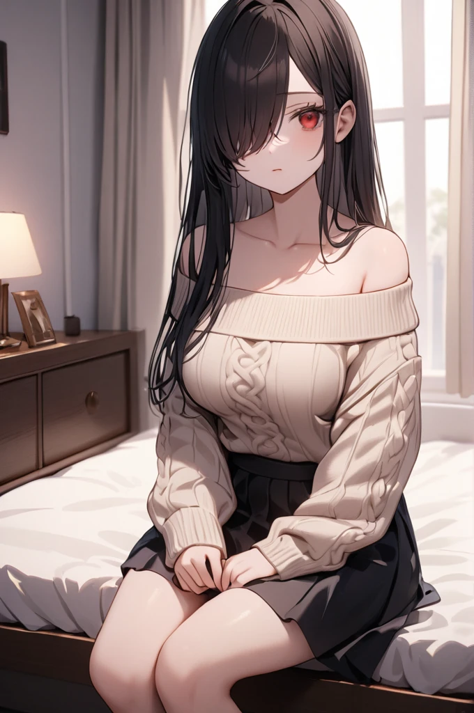 Cowboy Shot, 1girl, Solo, Looking at viewer, Shy, Cute, Red Eyes, Empty Eyes, Expressionless Eyes, Black Hair, Very Long Hair, Straight Hair, ((Hair Over One Eye, Swept Bangs:1.5)), Petite, Large breasts, Pale Skinned, Slender, Curvy, (Red:1.5, off-shoulder sweater, Black Skirt), Sitting, Bed, Room, Cinematic Lighting, Masterpiece, 4K, Best Quality, High Resolution, Accurate, Award Winning, (SuperQuality:1.0) ~ (SuperQuality:1.2)