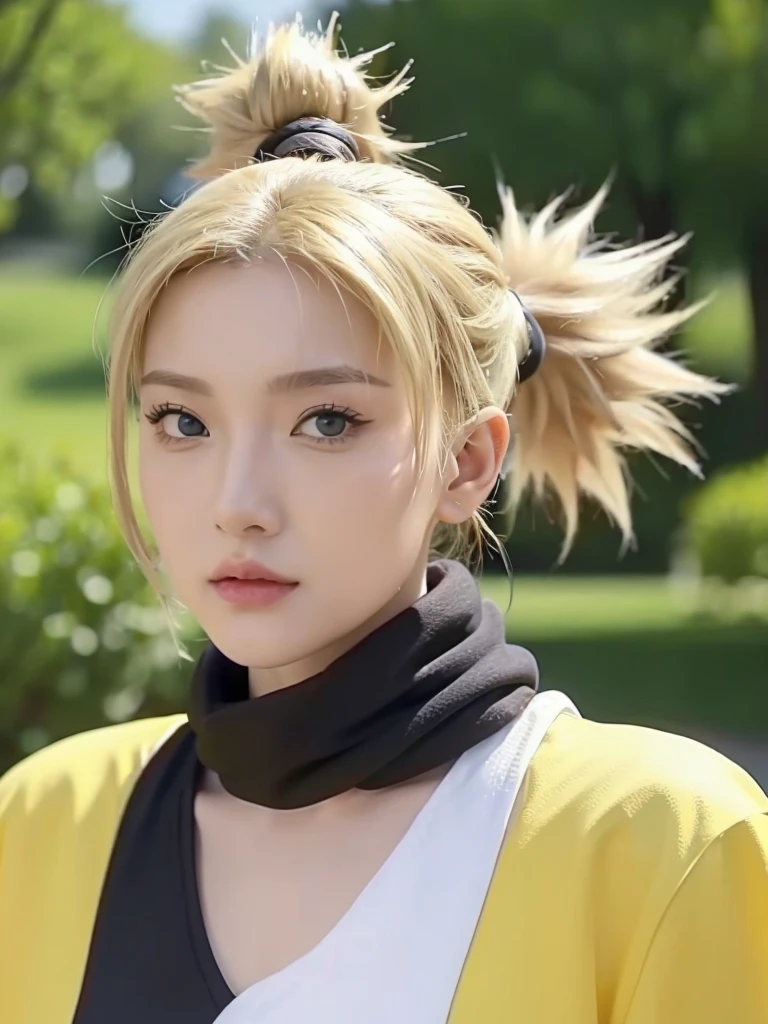 Temari standing yellow hair four ponytail,Very beautiful And the body is nice tiktok video, talking , very cute features, cute features, 8 k ultra realistic, live footage, iphone video, live, real footage, trending on artstatoon,