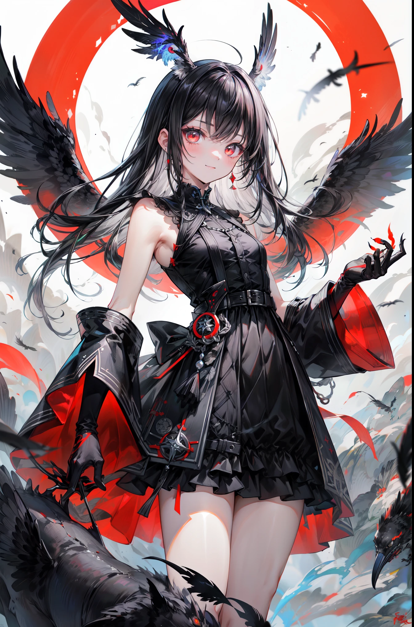 Long Black Hairアートステーション, White Background, Standing in the Wilderness,whole body、Equipped with black gauntlets、Long Black Hair、A triumphant smile、Small breasts、, As if smoke and shadows were given shape, Wings made from giant crows, Dancing crow feathers, Many glowing red eyes, Shadow Claw, Supernatural Lightning and Fire, ((Black Sun)), 8k high resolution, Trend Art Station, whole body,Black Feather Dress、A whirlpool of countless red-eyed crows、