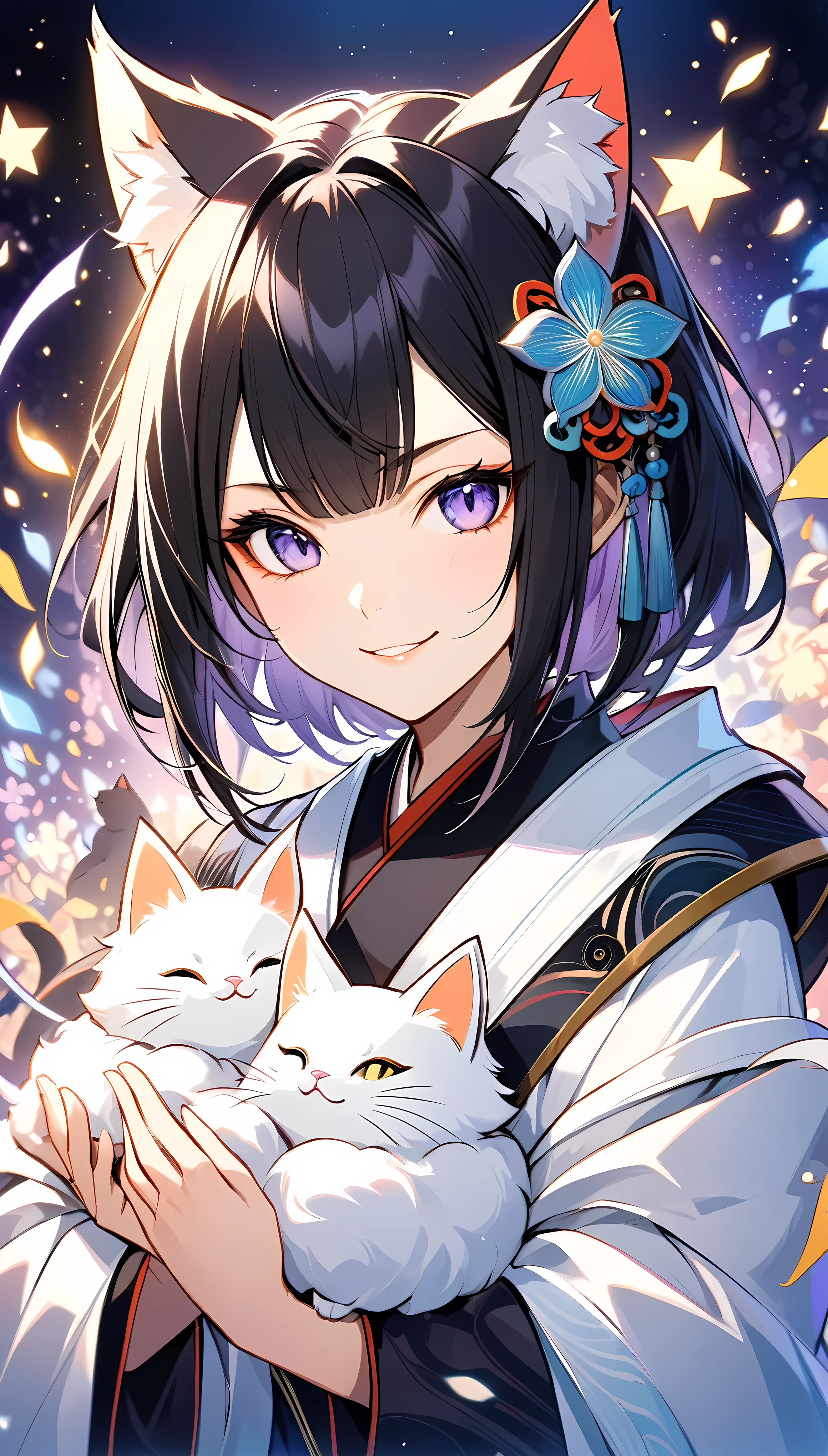 Anime girl with cat ears holding a white cat in her arms - SeaArt AI