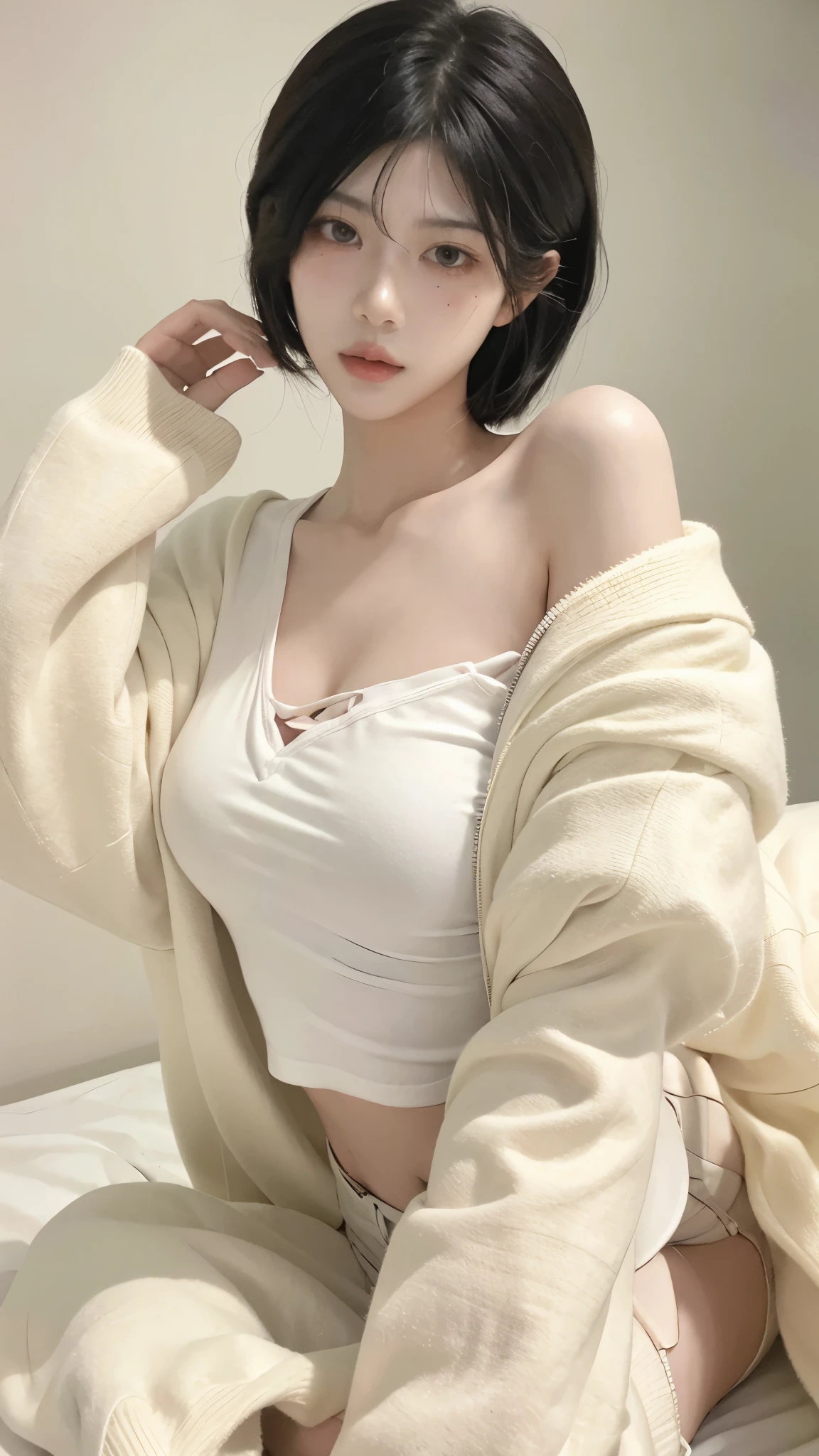 Fubuki from opm, realistic, age 28, pure white skin, green eyes, dark green bob hair, white fur neck collor, green coat, perfect face, perfect shape body, extra large stif breasts, clothes covered upper body, 3d, front side pose, cowboy shot