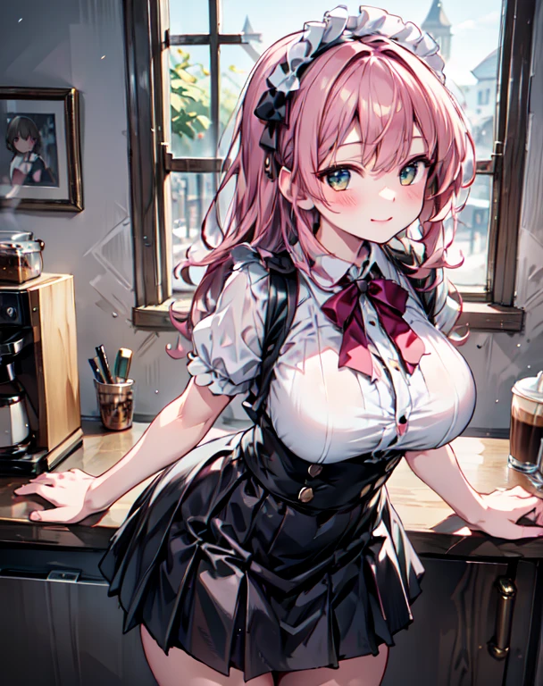 high, ultra detailed, (1girl:1.3), (dynamic pose):1.0 INTERVAL, imagem de cowboy, top angle, ((1 extremely cute and cute coffee girl standing at the coffee counter)), box, wearing a gothic ****ta maid's outfit, collared shirt and a long pleated green skirt at knee length, black apron, She has two-tailed blonde hair, red hair ribbons, gigantic chest, until, abs, chibi-character, 6 natural size, detailed clothes, detailed body, Detailed arms, human hands, detailed hands, Blush, embarrassed, light smile, happy, ,light smile, mouth closed, PINK LIPSTICK, surprised, looking at the viewer, facing the viewer, Beautiful model pose, extremely leaning forward towards the viewer, hands on the stomach, studio soft light, Cinematic light, detailed background, symmetric, hyper-realistic, highly detailed, intricate, Very smooth, sharp focus, Redshift rendering, 8k, Realistic, Ultra-realistic, master part,,大きい胸、