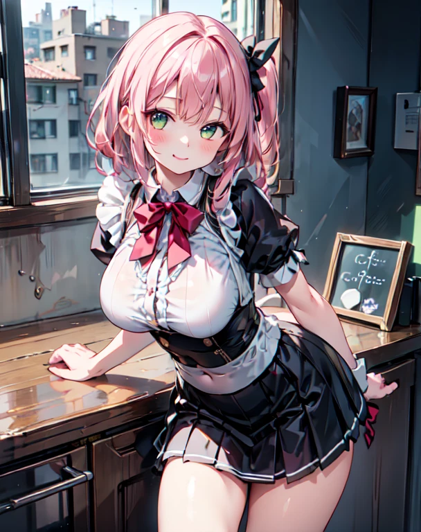 high, ultra detailed, (1girl:1.3), (dynamic pose):1.0 INTERVAL, imagem de cowboy, top angle, ((1 extremely cute and cute coffee girl standing at the coffee counter)), box, wearing a gothic ****ta maid's outfit, collared shirt and a long pleated green skirt at knee length, black apron, She has two-tailed blonde hair, red hair ribbons, gigantic chest, until, abs, chibi-character, 6 natural size, detailed clothes, detailed body, Detailed arms, human hands, detailed hands, Blush, embarrassed, light smile, happy, ,light smile, mouth closed, PINK LIPSTICK, surprised, looking at the viewer, facing the viewer, Beautiful model pose, extremely leaning forward towards the viewer, hands on the stomach, studio soft light, Cinematic light, detailed background, symmetric, hyper-realistic, highly detailed, intricate, Very smooth, sharp focus, Redshift rendering, 8k, Realistic, Ultra-realistic, master part,,大きい胸、