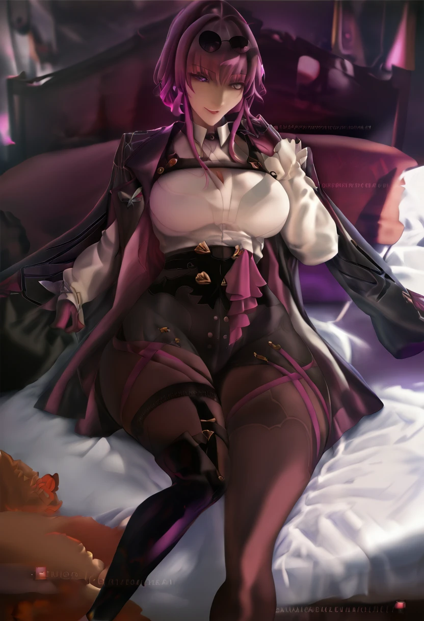 masterpiece, high quality, DETAILED, cinematic lighting, darkness, Official digital art, arte digital, Art Sakimichan, kafka, kafuka, 1 girl, Gloves, socks, purple hair, Sunglasses, glasses on the head, big breasts, white shirt, short negro, black shoes, throw away, fringe, long sleeves, purple eyes, jacket, curvilinear, flirtatious look, smile, lying on a bed, hotel room at night, side light, perfect bodies perfect anatomy.
