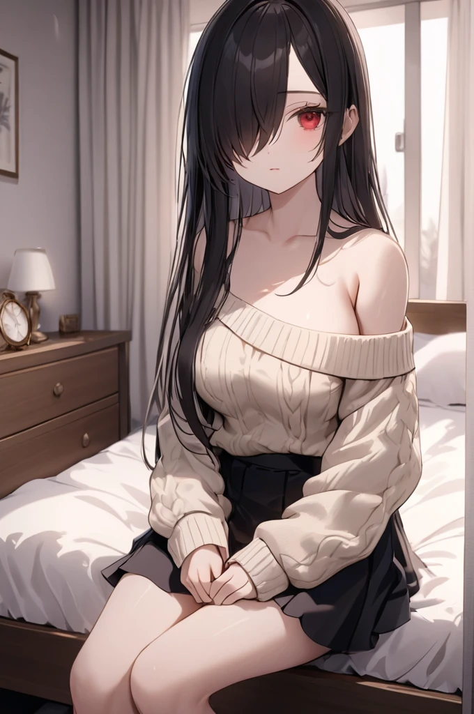 Cowboy Shot, 1girl, Solo, Looking at viewer, Shy, Cute, Red Eyes, Empty Eyes, Expressionless Eyes, Black Hair, Very Long Hair, Straight Hair, ((Hair Over One Eye, Swept Bangs:1.5)), Petite, Large breasts, Pale Skinned, Slender, Curvy, (off-shoulder sweater, Black Skirt), Sitting, Bed, Room, Cinematic Lighting, Masterpiece, 4K, Best Quality, High Resolution, Accurate, Award Winning, (SuperQuality:1.0) ~ (SuperQuality:1.2)