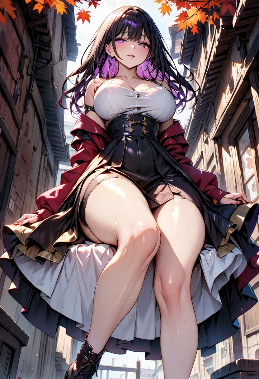 (nsfw),masterpiece,ultra detailed,sharp focus,high resolution,(night light at midnight,midnight,night,dark,:1.3),(tareme,mature female),(plump body),thick thighs,gigantic breasts,high beams,seductive anime female,skirt lifted,(off-the -shoulder black blouse,elegant frilled blouse,boots,short flare skirt,white skirt,naughty undies:1.2),necklace,earring,(black wavy hair:1.2),(blushed:1.3),(squatting on ground,spreading legs),(at off street,back alley:1),(black armpit hair,pubic hair),(wet skin,saliva,opening mouth:1.1),,(excessive cum in pussy,bukkake,cremapie:1.1),grinning,