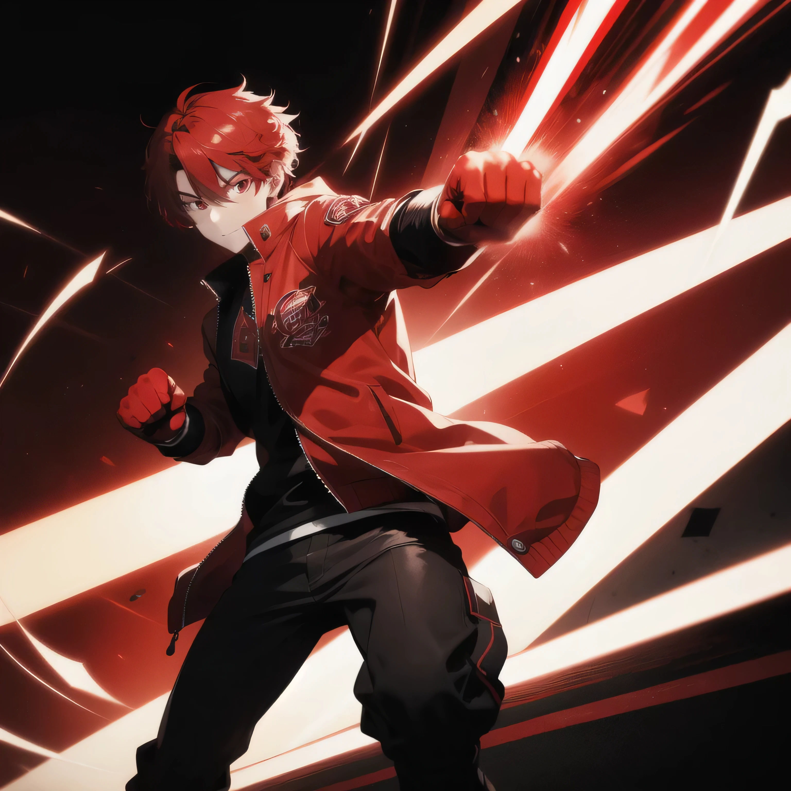 anime character with red hair and blue eyes in a black suit, handsome guy in demon slayer art, key anime art, genshin impact character, trigger anime artstyle, badass anime 8 k, official character art, demon slayer rui fanart, an epic anime of a energy man, guilty gear strive splash art, demon slayer artstyle, keqing from genshin impact