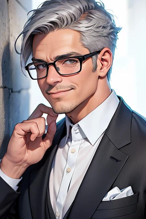 Illustration、modern、50-year-old male、Gray hair、In a suit、Calm and collected、Glasses、left side、Bust Shot、Portraiture、A smile on your lips